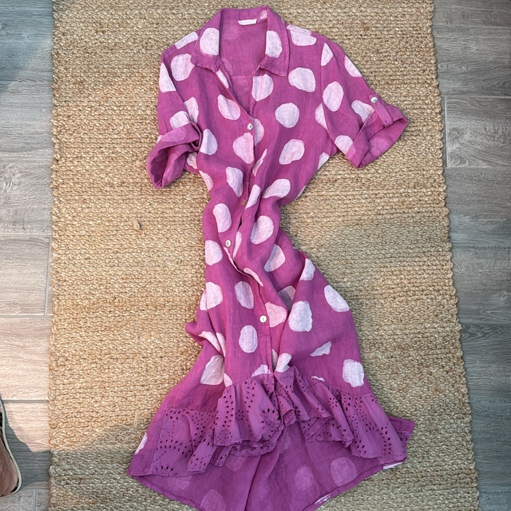 100% Linen, made in Italy Pink Polka Dot Dress, size M/L